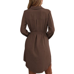 Coffee Button Down Tie Waist Pocket Shirt Dress
