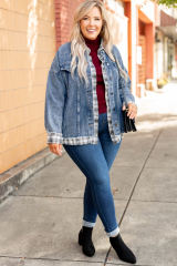 Sky Blue Plaid Hem Splicing Plus Size Denim Jacket
