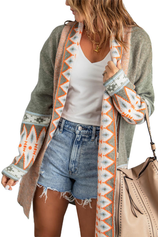 Green Aztec Print Open Front Knitted Cardigan