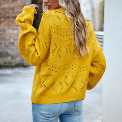 Yellow Polo V Neck Long Sleeve Knit Sweater