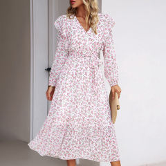 White V Neck Ruffle Detail Long Sleeve Floral Dress