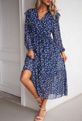 Navy Blue V Neck Ruffle Detail Long Sleeve Floral Dress