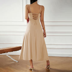 Apricot Back Crisscross Spaghetti Straps Long Dress
