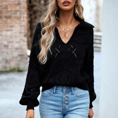 Black Polo V Neck Long Sleeve Knit Sweater