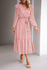 Pink V Neck Ruffle Detail Long Sleeve Floral Dress