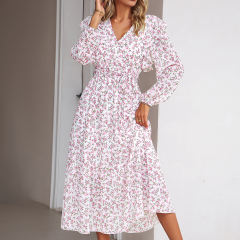 White V Neck Ruffle Detail Long Sleeve Floral Dress