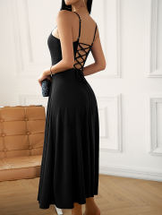Black Back Crisscross Spaghetti Straps Long Dress