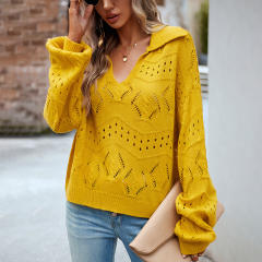 Yellow Polo V Neck Long Sleeve Knit Sweater