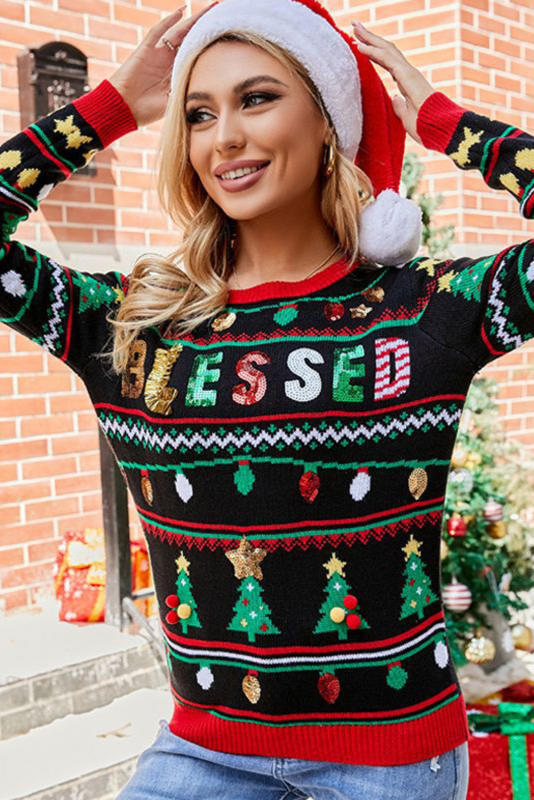 Color Black Christmas Sequin BLESSED Printed Sweater