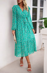 Green V Neck Ruffle Detail Long Sleeve Floral Dress