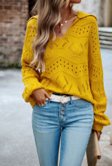 Yellow Polo V Neck Long Sleeve Knit Sweater