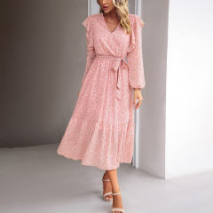 Pink V Neck Ruffle Detail Long Sleeve Floral Dress