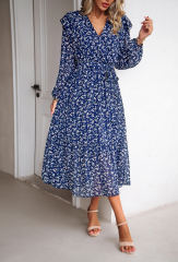 Navy Blue V Neck Ruffle Detail Long Sleeve Floral Dress