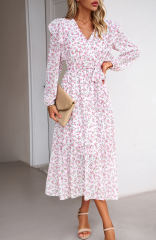 White V Neck Ruffle Detail Long Sleeve Floral Dress