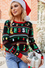 Color Black Christmas Sequin BLESSED Printed Sweater