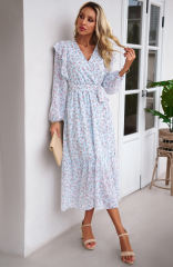 Light Blue V Neck Ruffle Detail Long Sleeve Floral Dress