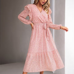 Pink V Neck Ruffle Detail Long Sleeve Floral Dress