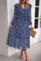 Navy Blue V Neck Ruffle Detail Long Sleeve Floral Dress