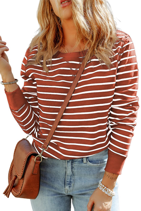 Fiery Red Striped Print Ribbed Trim Long Sleeve Top