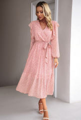 Pink V Neck Ruffle Detail Long Sleeve Floral Dress