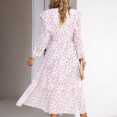 White V Neck Ruffle Detail Long Sleeve Floral Dress