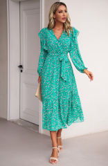 Green V Neck Ruffle Detail Long Sleeve Floral Dress