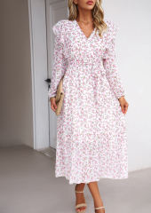 White V Neck Ruffle Detail Long Sleeve Floral Dress