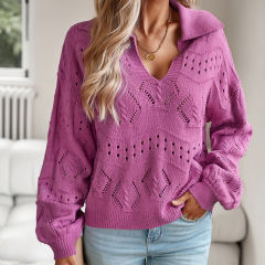 Purple Polo V Neck Long Sleeve Knit Sweater