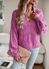 Purple Polo V Neck Long Sleeve Knit Sweater