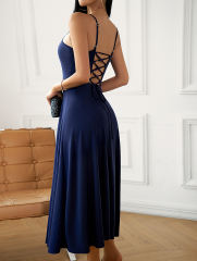Navy Blue Back Crisscross Spaghetti Straps Long Dress