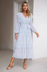 Light Blue V Neck Ruffle Detail Long Sleeve Floral Dress