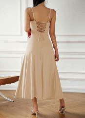 Apricot Back Crisscross Spaghetti Straps Long Dress