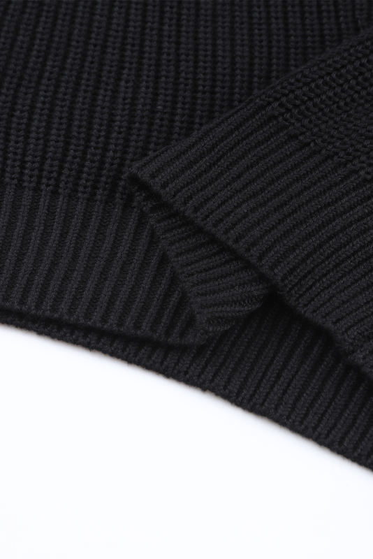 Black Ribbed Knit V Neck Sweater