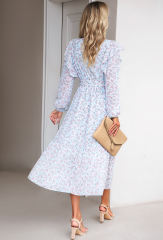 Light Blue V Neck Ruffle Detail Long Sleeve Floral Dress