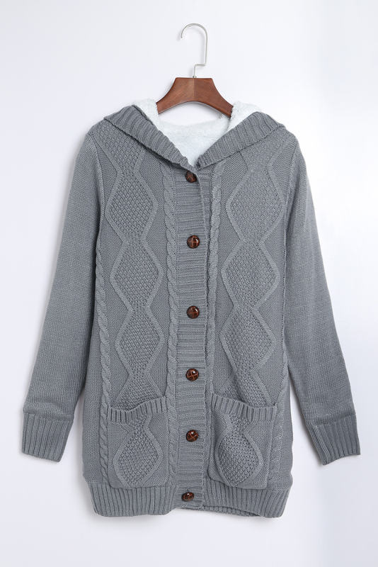 Gray Buttoned Hooded Open Front Knitted Cardigan