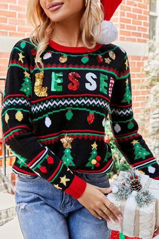 Color Black Christmas Sequin BLESSED Printed Sweater
