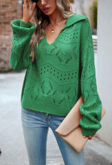 Green Polo V Neck Long Sleeve Knit Sweater