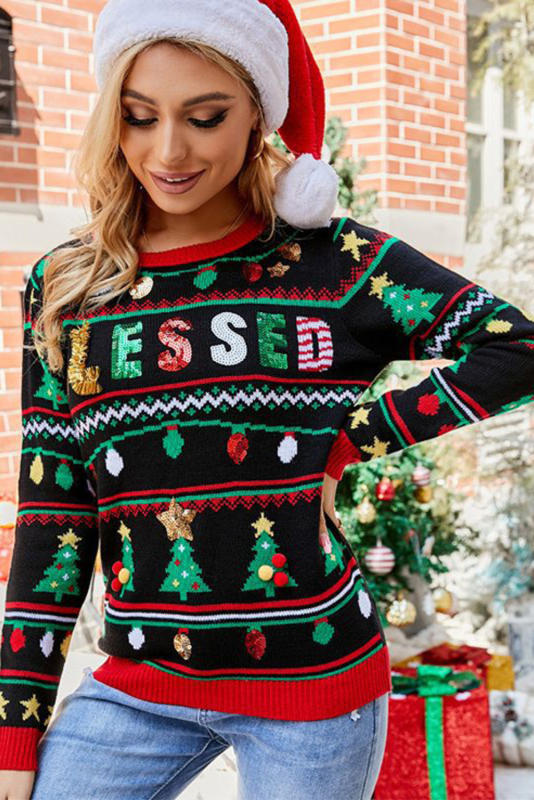 Color Black Christmas Sequin BLESSED Printed Sweater