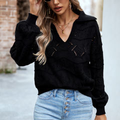 Black Polo V Neck Long Sleeve Knit Sweater