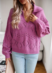 Purple Polo V Neck Long Sleeve Knit Sweater