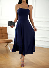 Navy Blue Back Crisscross Spaghetti Straps Long Dress