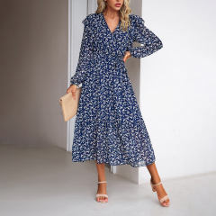 Navy Blue V Neck Ruffle Detail Long Sleeve Floral Dress