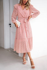 Pink V Neck Ruffle Detail Long Sleeve Floral Dress