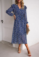 Navy Blue V Neck Ruffle Detail Long Sleeve Floral Dress