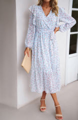 Light Blue V Neck Ruffle Detail Long Sleeve Floral Dress