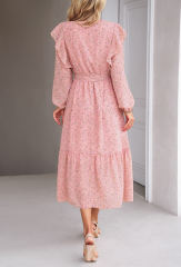 Pink V Neck Ruffle Detail Long Sleeve Floral Dress