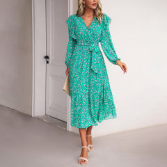 Green V Neck Ruffle Detail Long Sleeve Floral Dress