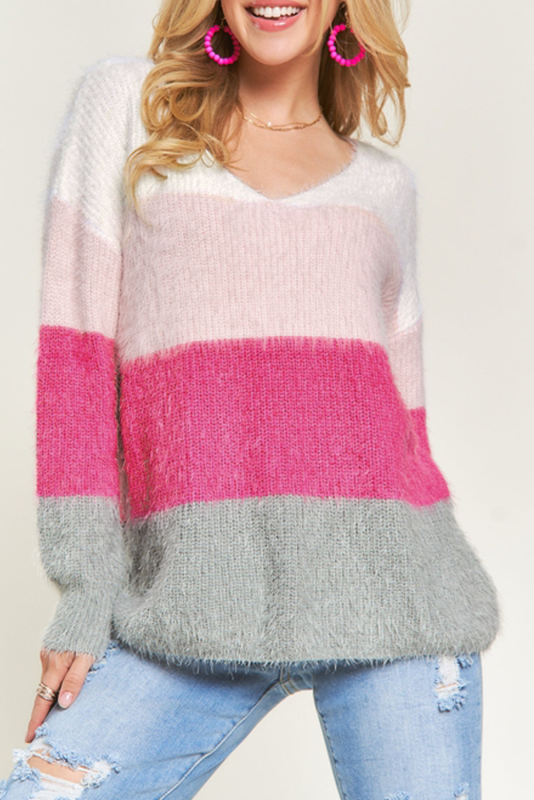 Striped Color Block Fuzzy V Neck Sweater