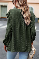 Mist Green Plus Lace Dotty Embellished Ruffle Long Sleeve Top