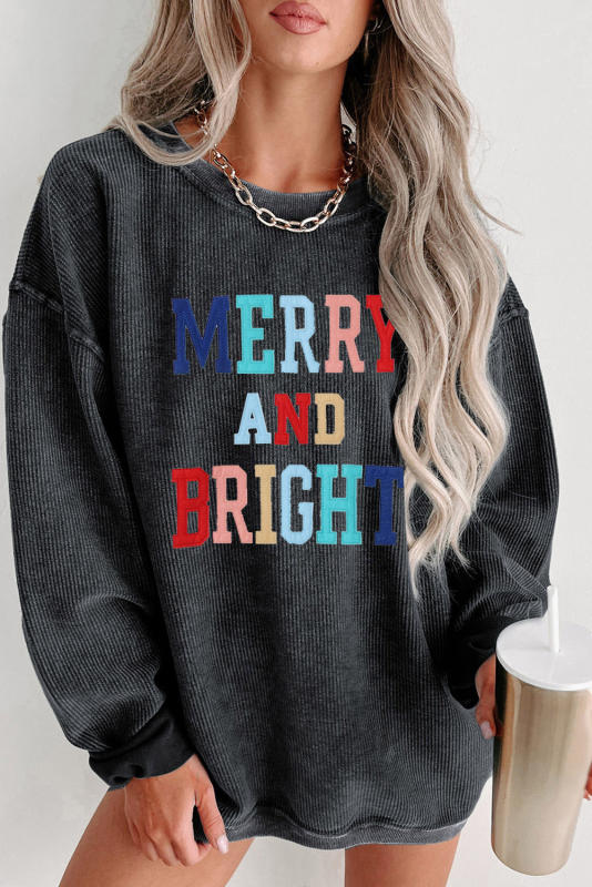 Black MERRY AND BRIGHT Embroidered Corded Sweatshirt